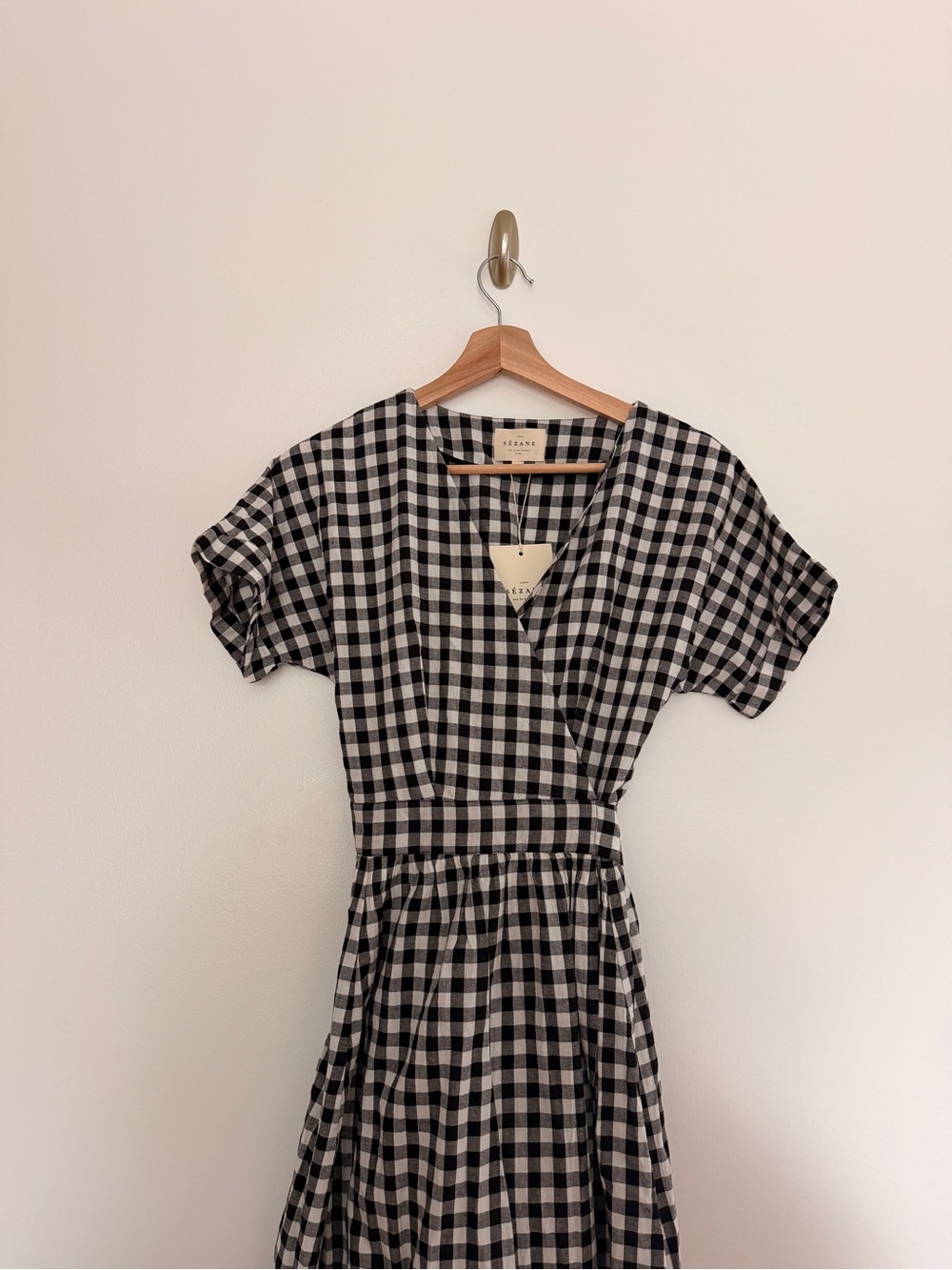 Sezane Marielle Gingham Wrap Midi Dress Black White Vichy Size US 6 NWT - Picture 3 of 6